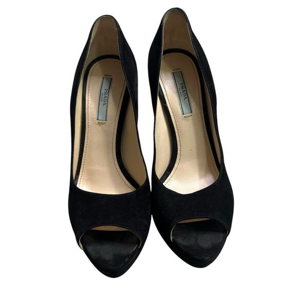 Prada Camoscio Chic Peep Toe Black Suede Platform Heels - 7.5 US / 38 - Picture 4 of 10